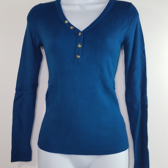 Teal Soft and Stretchy Ribbed Knit Long Sleeve Henley Top - Picture 9 of 11